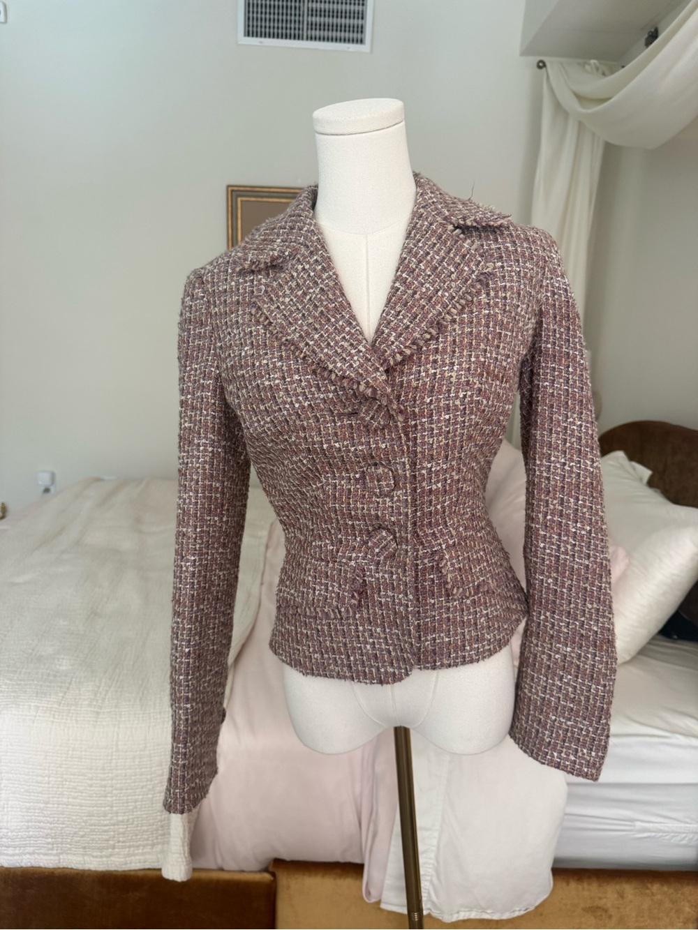 Vintage Bebe Y2K Tweed Blazer Jacket Fitted Purple Brown Size 6